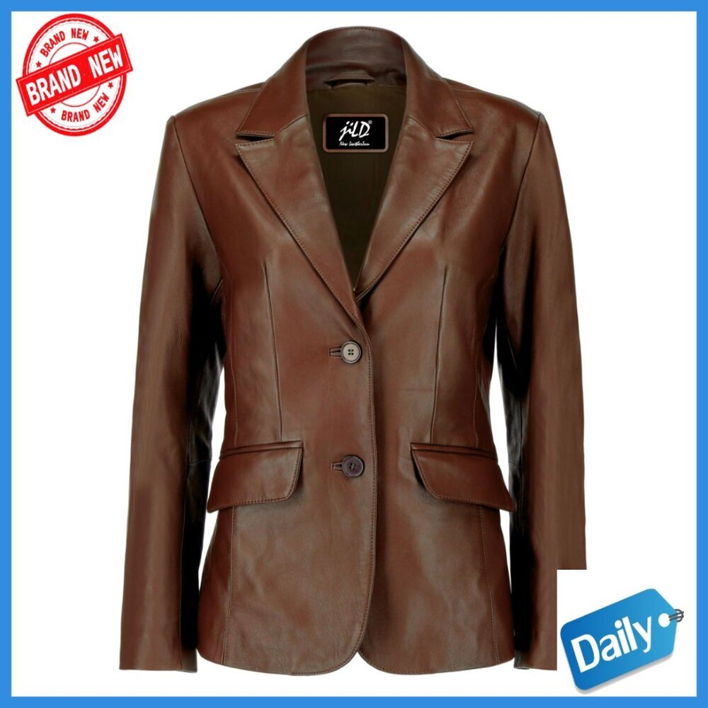 Lambskin Leather Blazer Jacket Women Classic Fit Long Sleeve Notch Lapel